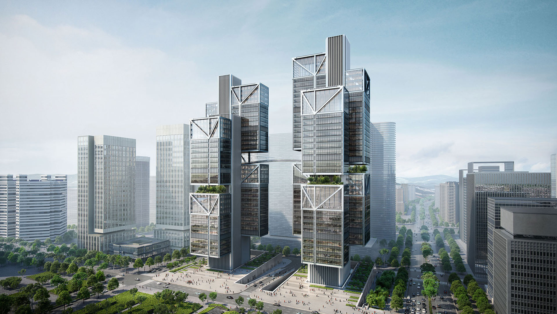 Deux gratte-ciel aux volumes suspendus, Chine