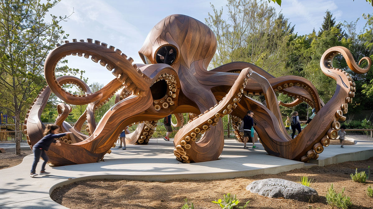 Architecture ludique : une pieuvre monumentale en bois
