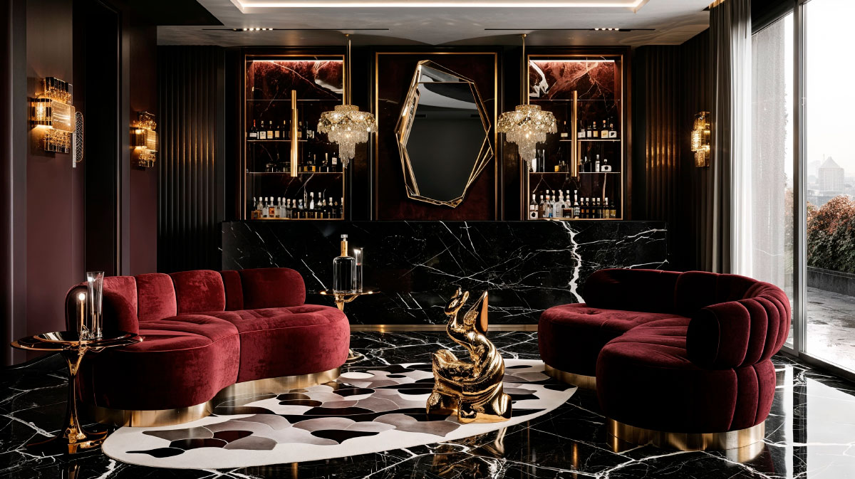 Un luxueux salon de velours et de marbre