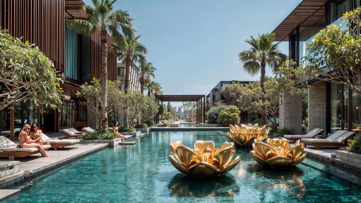 Lotus doré, piscine d’un hôtel resort de rêve